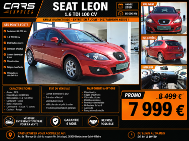 SEAT LEON 1.6 TDI 100CV 1ER MAIN GARANTIE 6MOIS