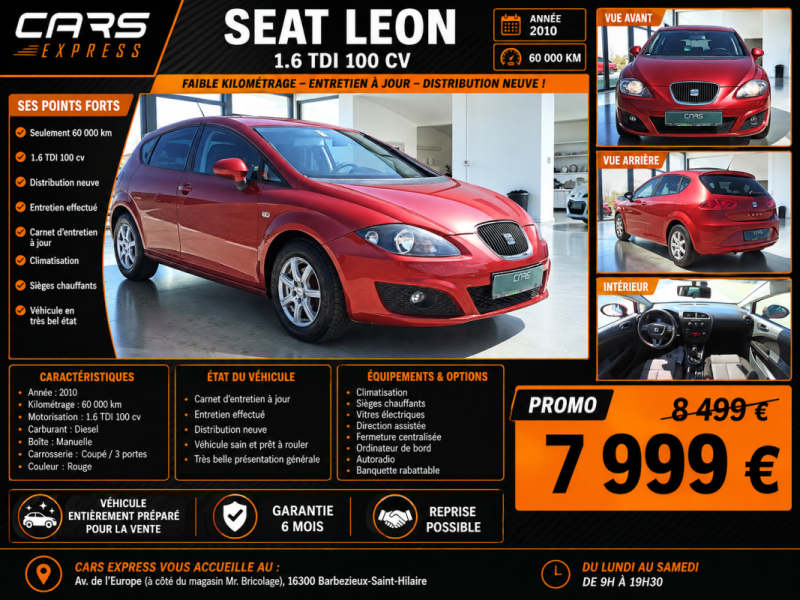 SEAT LEON 1.6 TDI 100CV 1ER MAIN GARANTIE 6MOIS