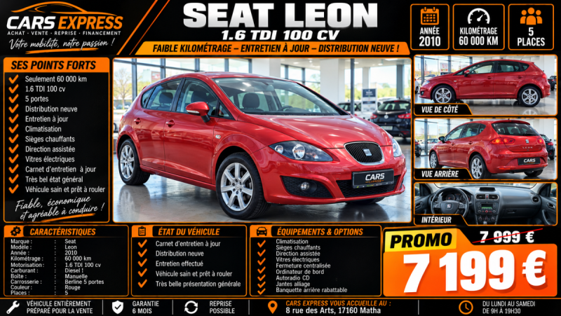 SEAT LEON 1.6 TDI 100CV 1ER MAIN GARANTIE 6MOIS
