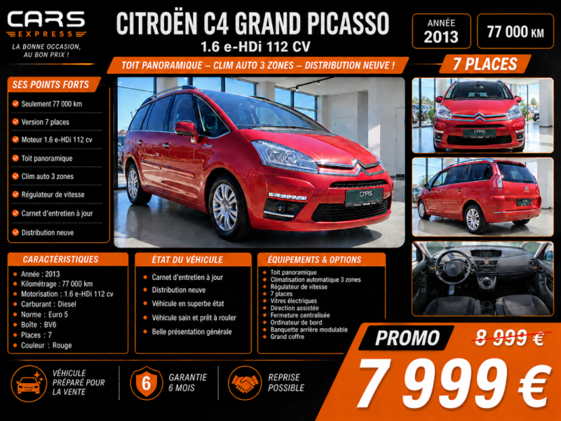 CITROEN C4 GRAND PICASSO 1.6 EHDI 112CV 7 PLACES GARANTIE 6MOIS