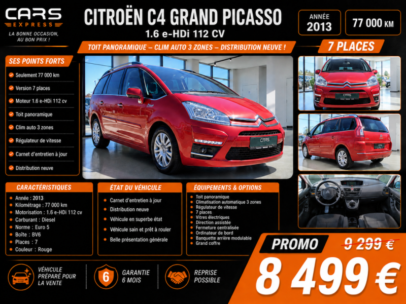 CITROEN C4 GRAND PICASSO 1.6 EHDI 112CV 7 PLACES GARANTIE 6MOIS