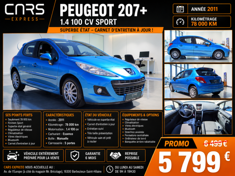 PEUGEOT 207+ 1.4 100CV SPORT 5PORTES 1ER MAIN GARANTIE 6MOIS