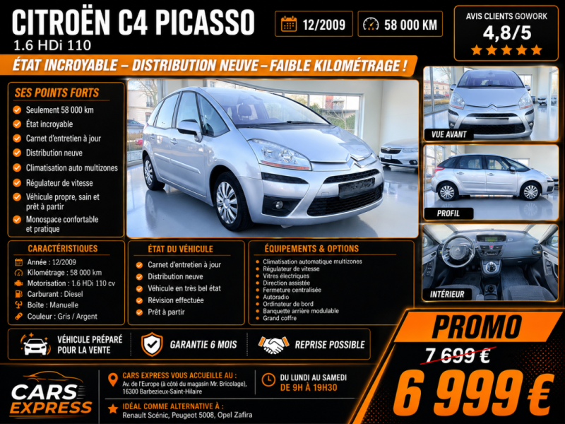 CITROEN C4 PICASSO 1.6 HDI 110CV 1ER MAIN GARANTIE