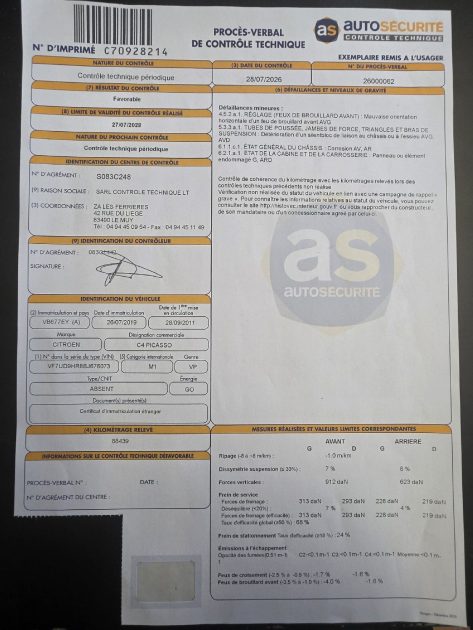 CITROEN C4 PICASSO 1.6 HDI 112ch 2011- CT OK - distribution neuve - Garantie 12 mois ou 15000 km