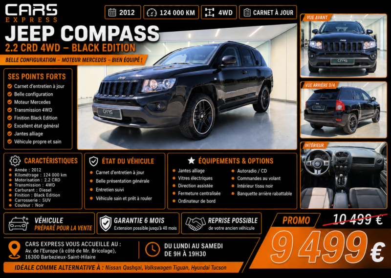 JEEP COMPASS 2.2 CRD 4X4 BLACK EDITION GARANTIE 6MOIS