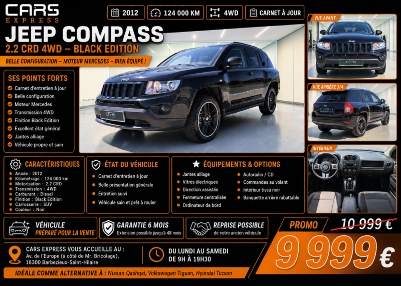 JEEP COMPASS 2.2 CRD 4X4 BLACK EDITION GARANTIE 6MOIS