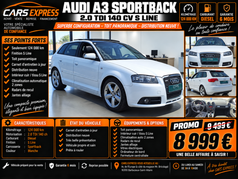 AUDI A3 SPORTBACK 2.0 TDI SLINE BV6 GARANTIE 6MOIS