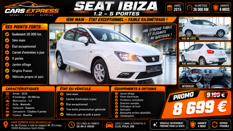 SEAT IBIZA 1.2 5PORTES STYLE 1ER MAIN GARANTIE 6MOIS