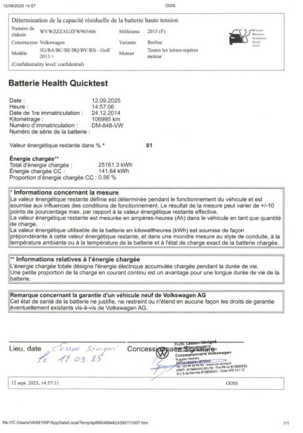 Volkswagen E-GOLF VII- Batterie 81% / régulateur de vitesse / cirt'air 1 / climatisation bizone